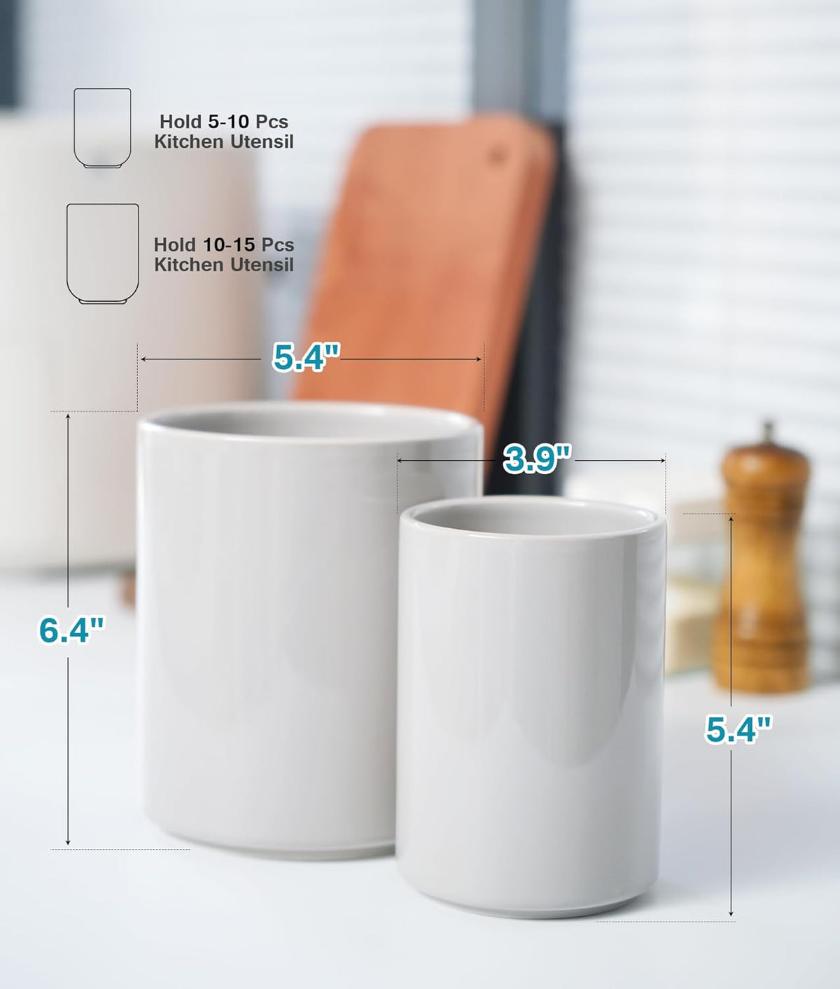 Set of 2 Utensil Holder, 7"+5" Ceramic Kitchen Utensil Holder for Countertop, Large Cooking Utensil Crocks for Counter, Morden Utensil Organizer for Spatula, Kitchen Decor (Grey)