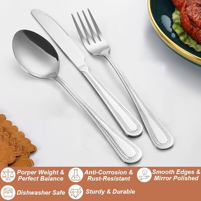 20 Pcs Silverware Set for 4 with Pearled Edge Handle design, Food Grade Stainless Steel Flatware Set, Eating Utensils Sets Include Fork/Knife/Spoon, Reusable Cutlery Set, Dishwasher Safe