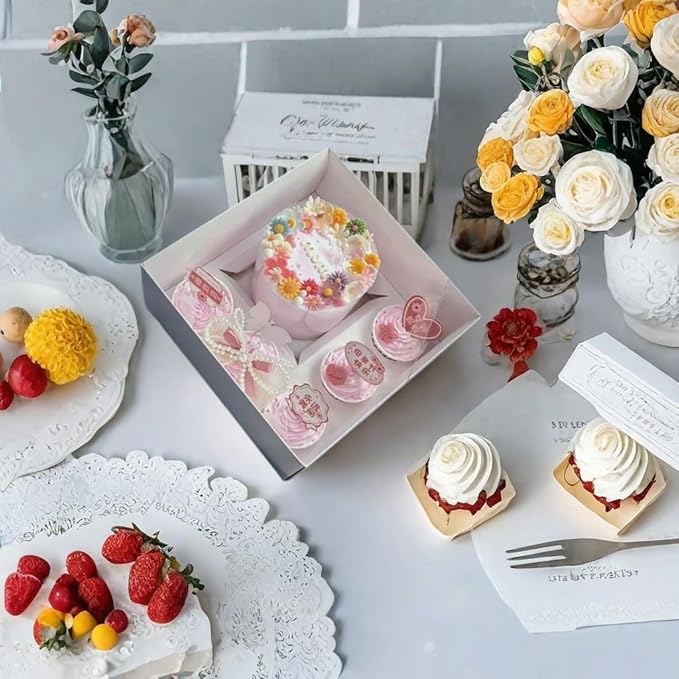 Bento Cake and Cupcake Box 10 sets 6-inch Cake and 5 Cupcakes Box Cake Box with Cupcake Insert Easy to Assemble Base for Family Birthday Party Mother's day (10 sets with cupcake), white