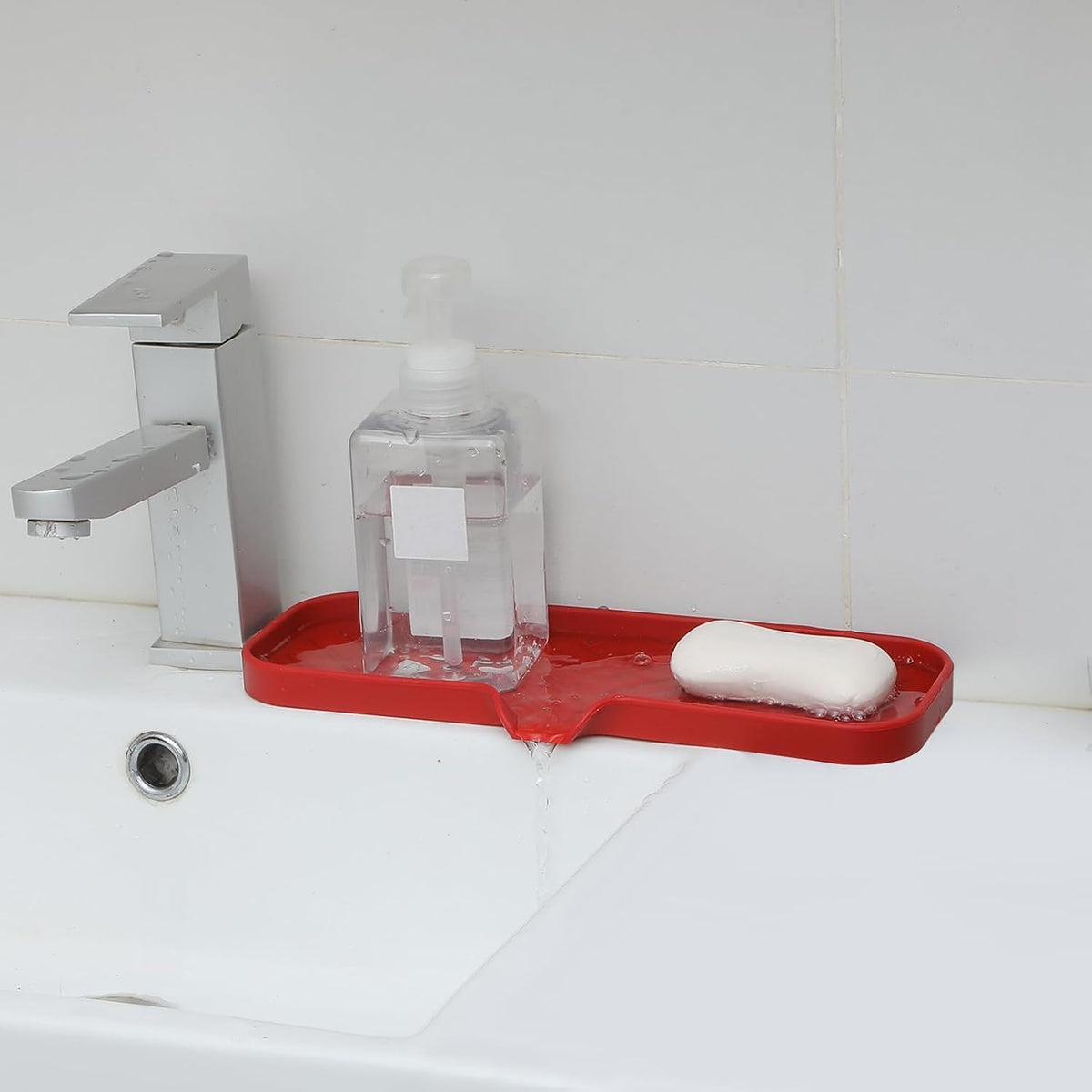 Silicone Bathroom Soap Dishes with Drain Spout-Bathroom and Kitchen Sink Organizer,Sponge Holder,Dish Soap Tray,Perfect for Dispenser,Scrubber,Bottle,Cup on Sink or Counter-Red 12"×4"