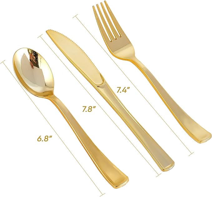 FOCUSLINE 300 Count Gold Plastic Silverware Set - 100 Forks, 100 Knives, 100 Spoons - Heavy Duty Plastic Cutlery Set Disposable Flatware for Catering, Parties, Dinners, Weddings