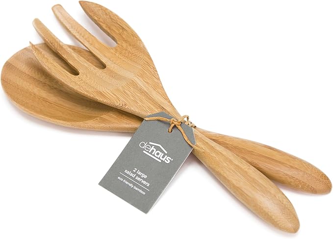 Dehaus® Large Premium Bamboo Salad Tongs - Eco Friendly Wooden Serving Spoons - Salad Serving Utensils - Salad Tosser Forks - Giant Wood Salad Servers - 12 inch Salad Hands
