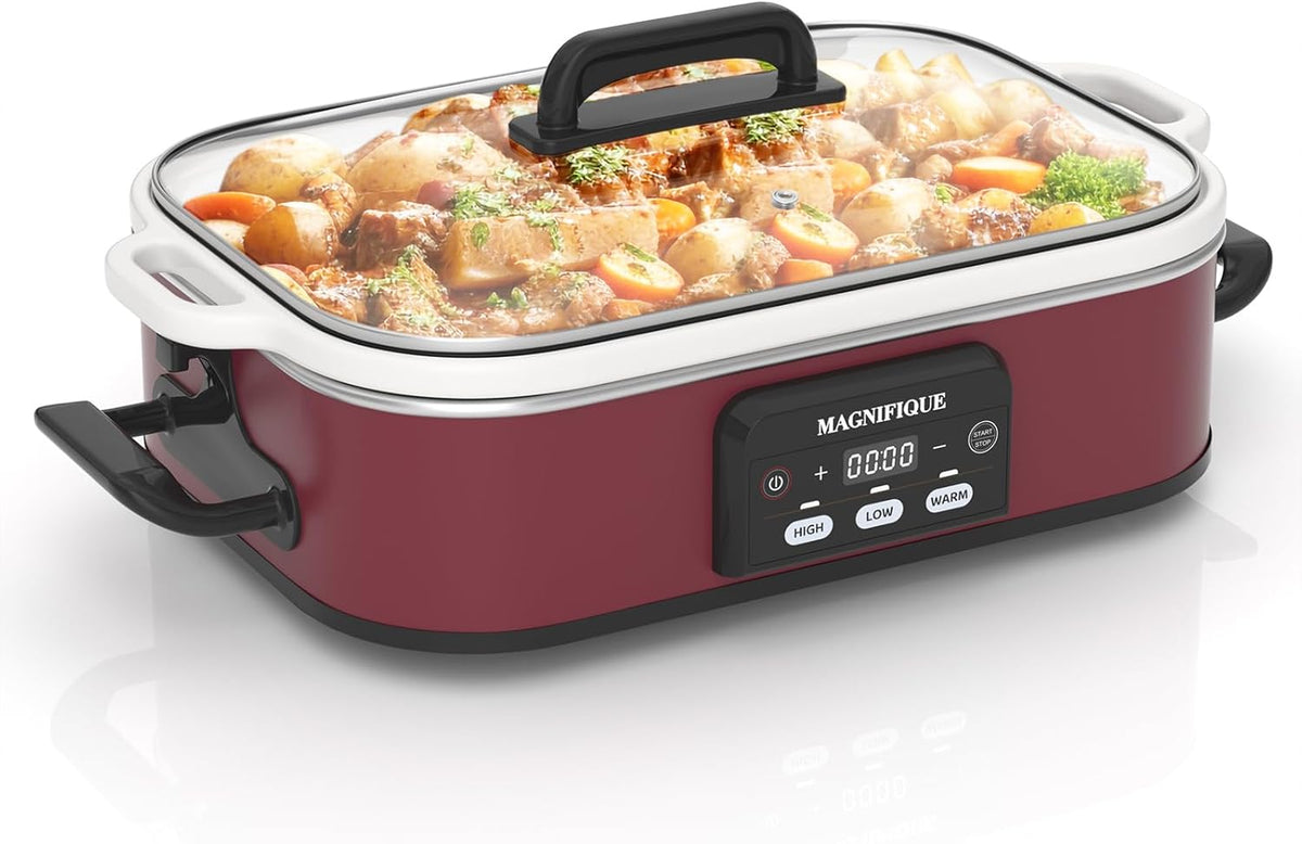 4 Quart Casserole Programmable Slow Cooker with Ceramic Baking Dish - Perfect Kitchen Small Appliance for Family Dinners, Oven Safe and Durable Bakeware for Lasagna, Roasts (Red)