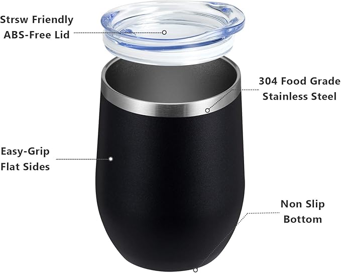 MEWAY Stemless 12oz Wine Tumbler Glasses with Lid -Insulated Double Wall Vacuum Stainless Steel Travel Tumbler with Straw,for Woman Under 10 dollars(Black,1)