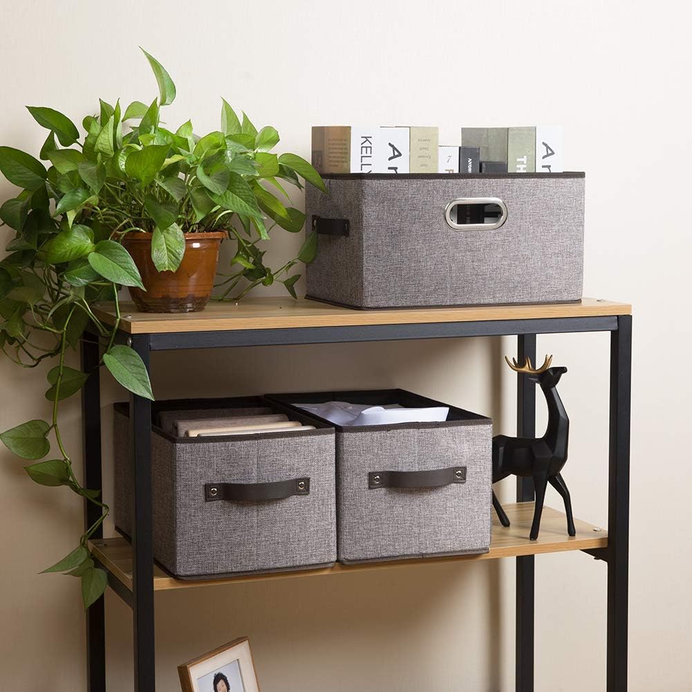PRANDOM Large Foldable Storage Bins for Shelves [3-pack] Decorative Linen Fabric Storage Baskets Cubes with Leather/Metal Handles for Closet Nursery Office Grey and Black Trim (14.9x9.8x8.3 Inch)