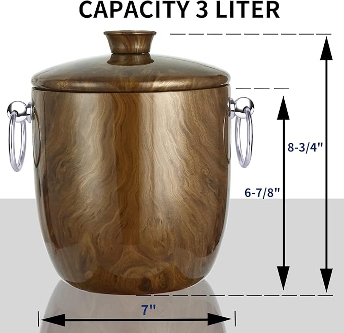 Ice Bucket with Lid, Scoop, Tongs and Strainer - Well Made Insulated Stainless Steel Keep Ice Frozen Longer - Ideal for Cocktail Bar, Parties, Chilling Wine, Champagne - 3 Liter (Teakwood)