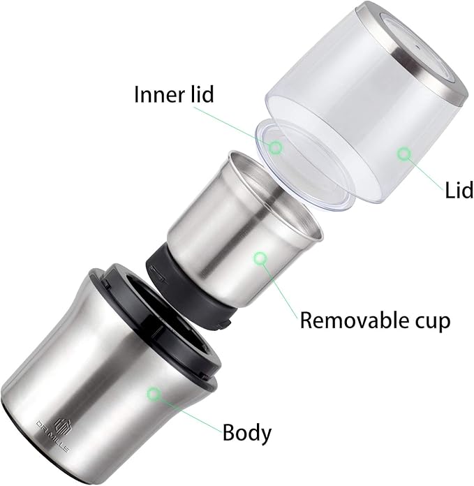 DR MILLS DM-7412M Stainless Steel Electric Dried Spice and Coffee Grinder,2 in 1 Wet and Dry, Removable Cups, Dishwasher Safe