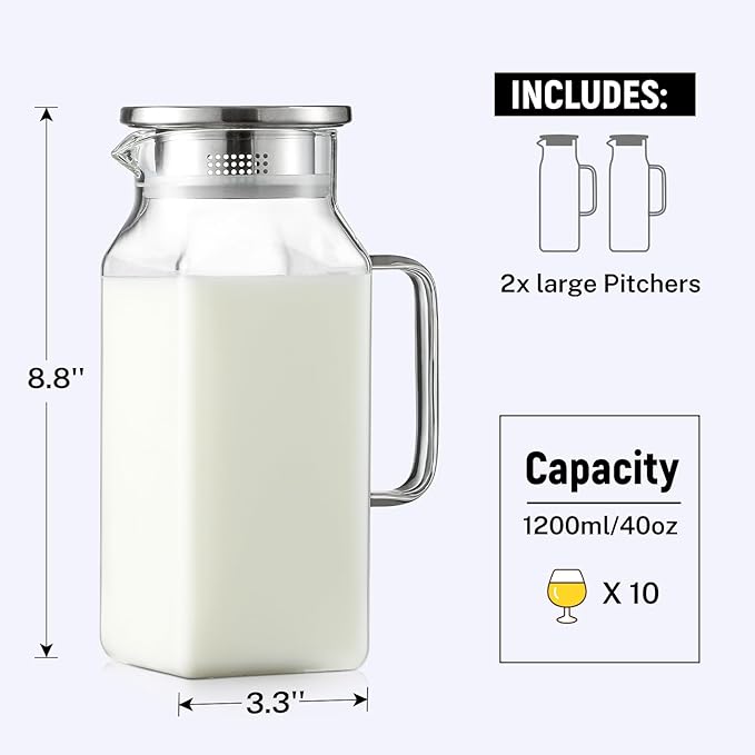 Netany 2 Pack 1.2 Liters/40 oz Small Square Glass Pitcher with Lid and Handle for Fridge, Iced Tea and Coffee Carafe Storage Container, Resistant to Hot and Cold Borosilicate Jug