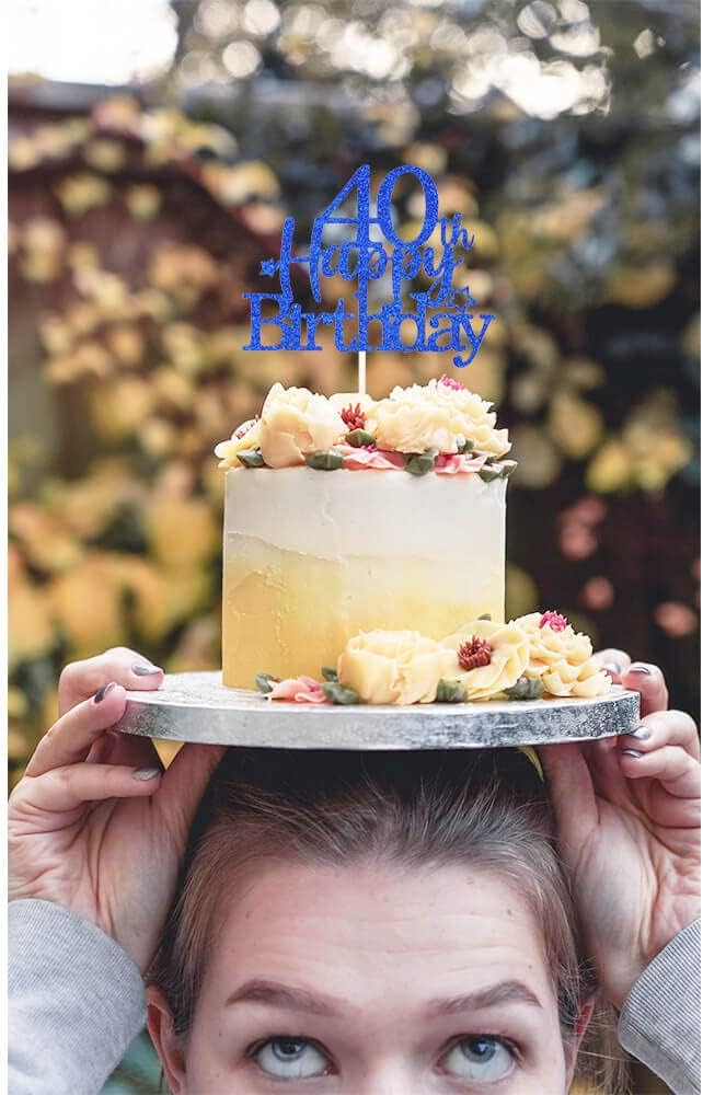 Glittery 40th Happy Birthday Cake Topper with Star,Personalised 40 Birthday Cake Toppers Party Decorations Party Supplies for Men Women Blue