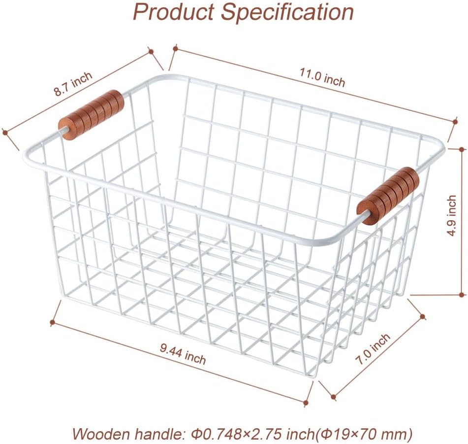 Wire Kitchen Storage Basket 2 Packs,Perfect Pantry Organization Accessories Baskets,Laundry Basket,With a Wooden Handle,Suitable for Kitchen,Bathroom,Bedroom,Tabletop,Stackable,White
