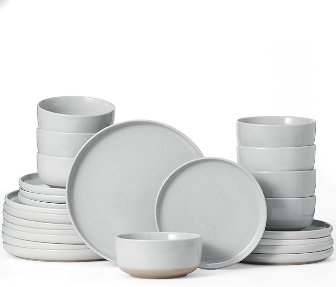 Famiware Milkyway Dinnerware Sets, 24 Piece Dish Set, Plates and Bowls Sets for 8, Light Gray