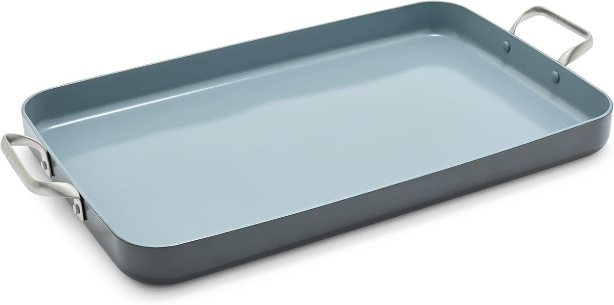 GreenPan Valencia Pro 18" x 11" Double Burner Griddle Pan, Induction Suitable, Ceramic Nonstick PFAS-Free, Rectangular Stovetop Cookware, Stainless Steel Handles, Dishwasher, Oven & Broiler Safe, Gray