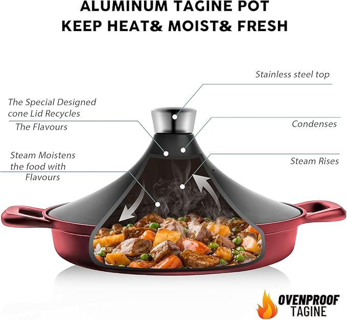 Non-Stick Frying Pan/Skillet 11", 3QT Tagine Pan,Cast Aluminum Pans with Lid, Stove/Oven-to-Table Cookware, Dishwasher Safe& Compatible with All Stovetops（Black Red）