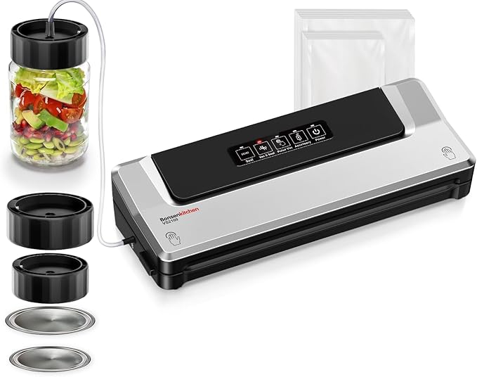 Bonsenkitchen Vacuum Sealer Machine with Mason Jar Sealer Kit | Compact Food Sealer for Kitchen Storage & Meal Prep | Multiple Modes | External Vacuum System & 40 Vacuum Bags, Silver