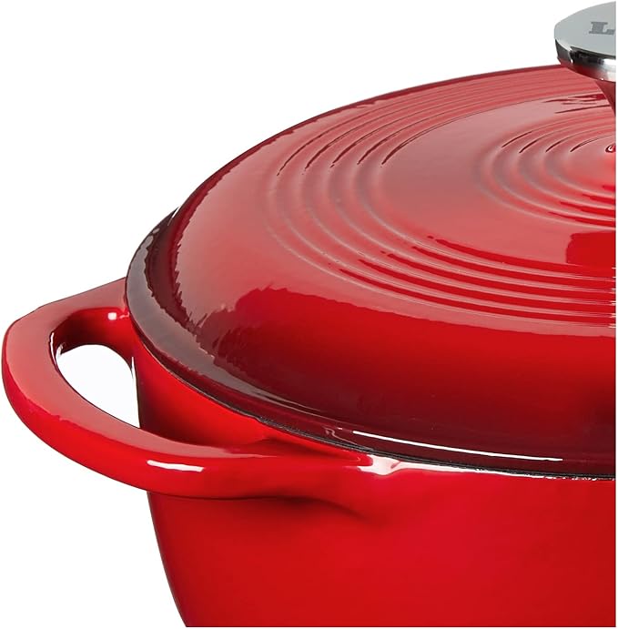 Lodge 4.5 Quart Enameled Cast Iron Dutch Oven with Lid – Dual Handles – Oven Safe up to 500° F or on Stovetop - Use to Marinate, Cook, Bake, Refrigerate and Serve – Island Spice Red