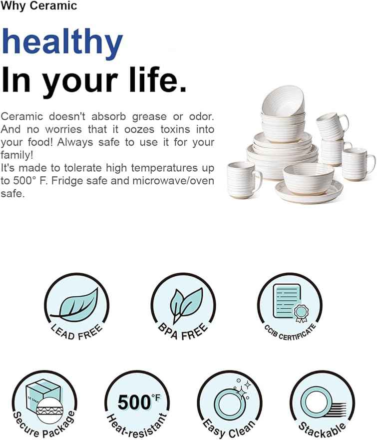LE TAUCI Dinnerware Sets 16 PCS, Stoneware Plates and Bowls Set, House Warming Wedding Present, Serve for 4 (10" Dinner Plates + 8" Salad Dish + 28 oz Cereal Bowl+12oz coffee mugs) x 4, Arctic White