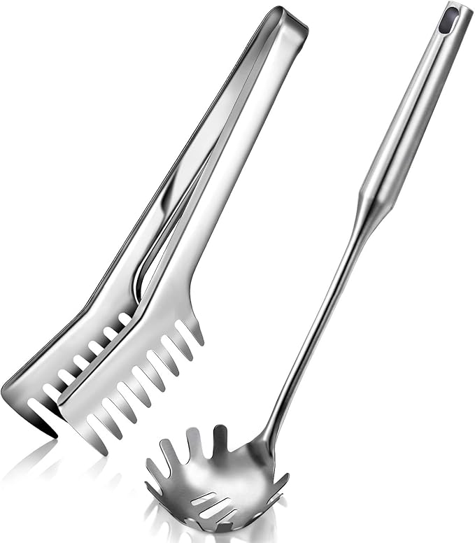 Patelai 2 Pcs Stainless Steel Pasta Spoon with Teeth Large Spaghetti Utensil, 9.4'' Tong and 13.6'' Pasta Fork with Vacuum Handle, Comfortable Grip Design Spoons for Kitchen(Sliver)
