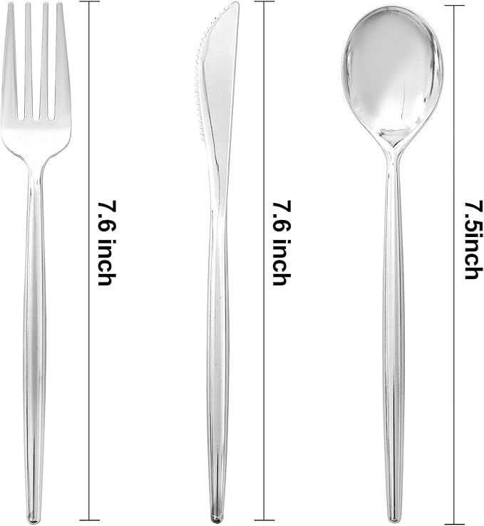 SUT 300Pcs Silver Plastic Cutlery, Silver Utensils Disposable, silver Plastic Silverware Set Include 100 Plastic Forks, 100 plastic Spoons, 100 plastic Knives Heavy Duty Flatware for Party