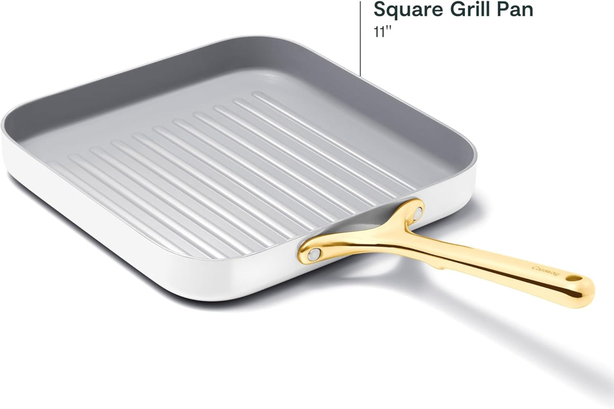 Caraway Square Grill Pan - 11” Grill Pan - Non-Stick Ceramic Coated - Non Toxic, PTFE & PFOA Free - Oven Safe & Compatible with All Stovetops - White