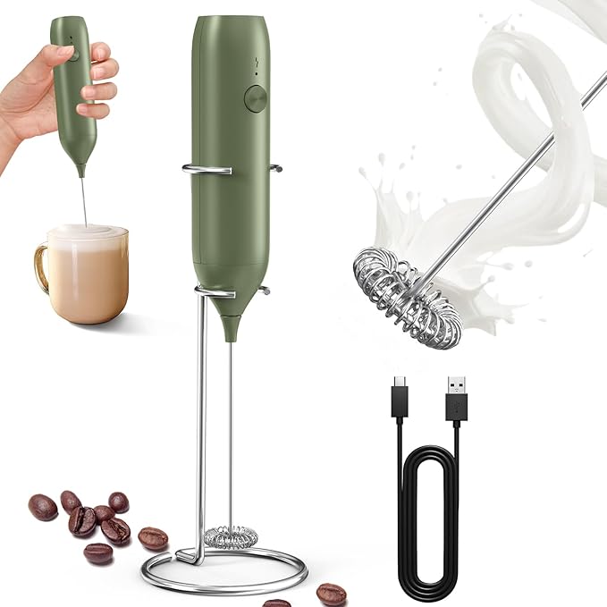 CIRCLE JOY Rechargeable Milk Frother Handheld with Stand, Coffee Frother Wand Drink Mixer with Dual Spring Whisk for Coffee, Cappuccino, Lattes, Frappe, Matcha and Hot Chocolate, Green