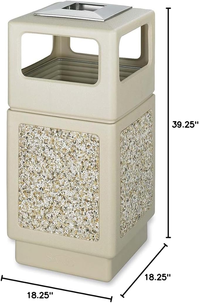 Safco Products Canmeleon Outdoor/Indoor Aggregate Panel Trash Can with Ash Urn 9473TN, Tan, Decorative Fluted Panels, Stainless Steel Ashtray, Weather Resistant