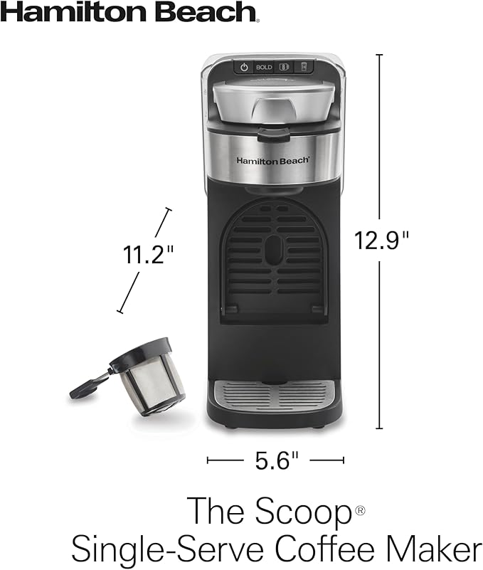 Hamilton Beach The Scoop Single Serve Coffee Maker & Fast Grounds Brewer for 8-14oz. Cups, Brews in Minutes, 40oz. Removable Reservoir, Stainless Steel (49987),Silver