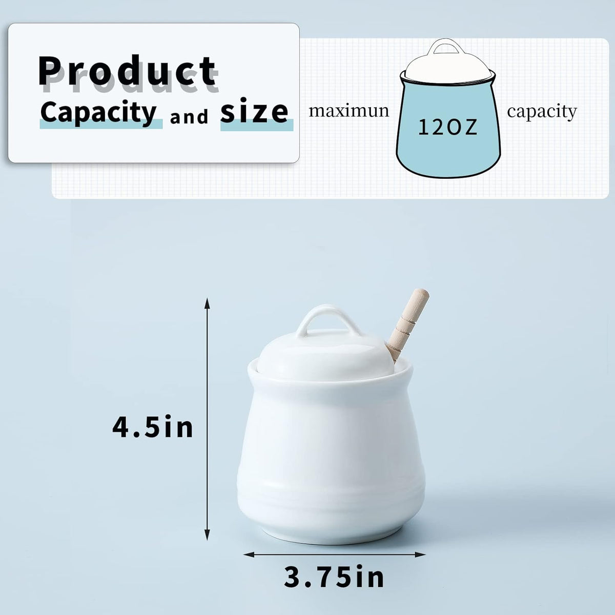 HAOTOP Ceramic Honey pot with Lid and Honey Dipper,Porcelain Honey Jar Easy to Clean and Dishwasher Safe,12oz (White)