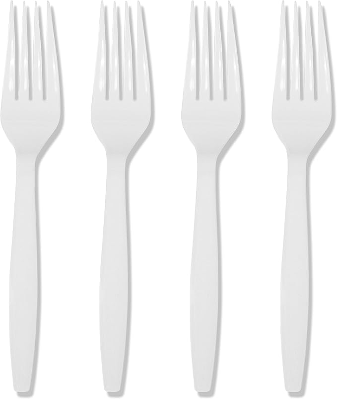 Prestee 100 White Plastic Forks Heavy-Duty, Heavyweight Plastic Silverware Forks, Fancy Plastic Cutlery, Elegant Disposable Forks Pack, Bulk Disposable Flatware, Christmas Holiday Plastic Utensils Set