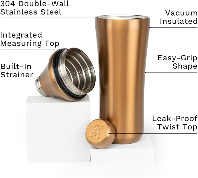 Elevated Craft Hybrid Cocktail Shaker - Premium Vacuum Insulated Stainless Steel Copper Cocktail Shaker - Innovative Measuring System - Martini Shaker for the Home Bartender - 28oz Total Volume