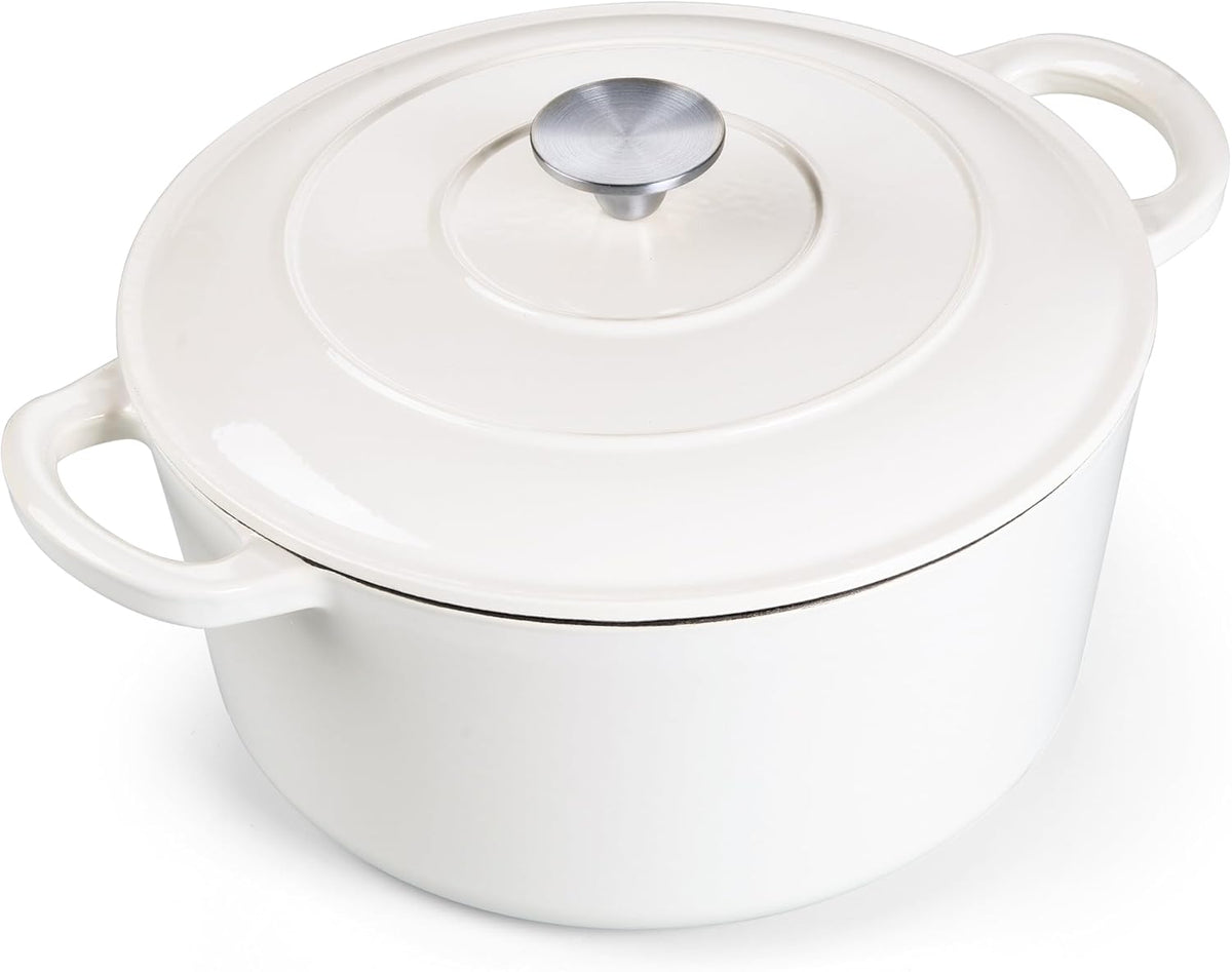 E-far 7QT Enameled Dutch Oven, Cast Iron Dutch Oven Pot with Lid for Cooking/Bread Baking/Braising/Roasting/Stewing, Heavy Duty Round Nonstick Cookware Safe for Induction & Oven - White