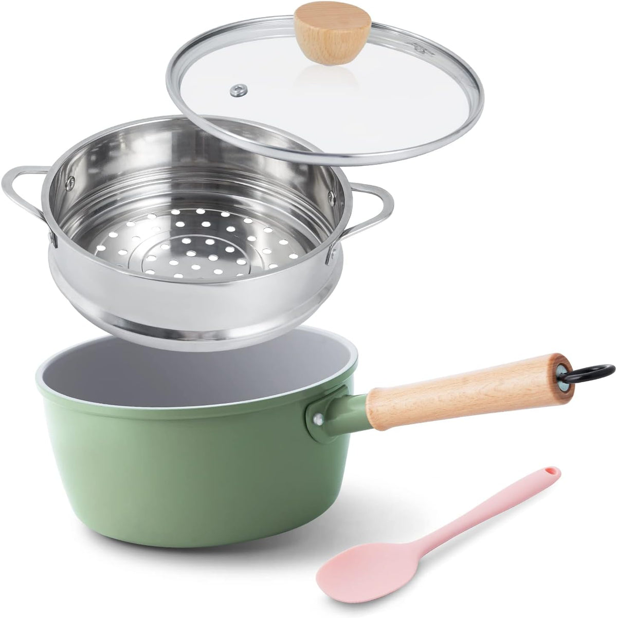ROCKURWOK Ceramic Nonstick Sauce Pan with Lid, 2 Quart Cooking Pot, Small Saucepan with Steamer, PTFE& PFAS-Free, Wooden Handle for Cool Touch, Universal Base(Gas, Electric & Induction), Green