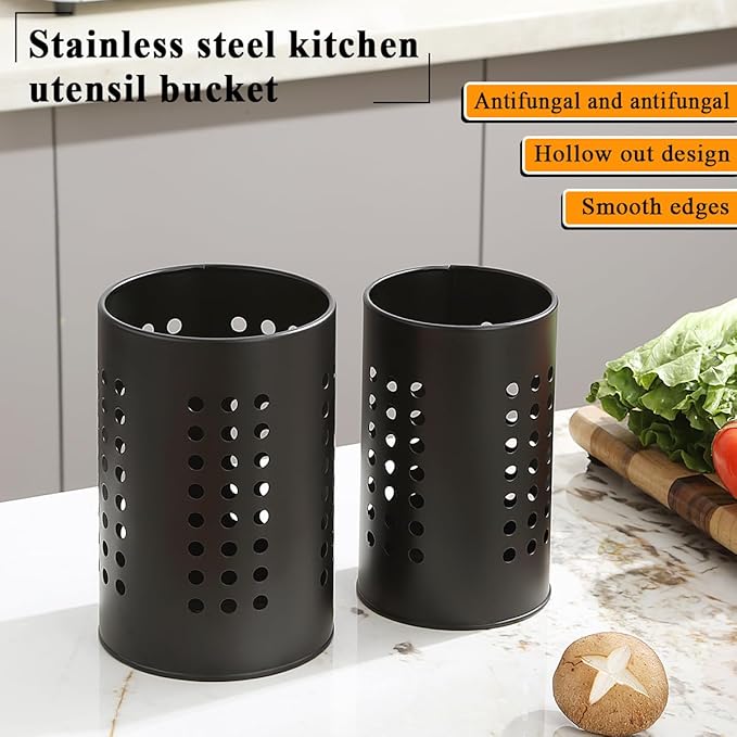 Evanda Kitchen Utensils Holder for Countertop Pack of 2, Stainless Steel Black Utensils Caddy, Farmhouse Stylish Organizer and Kitchen Decor Utensil Crock, Gift for New House New Apartment