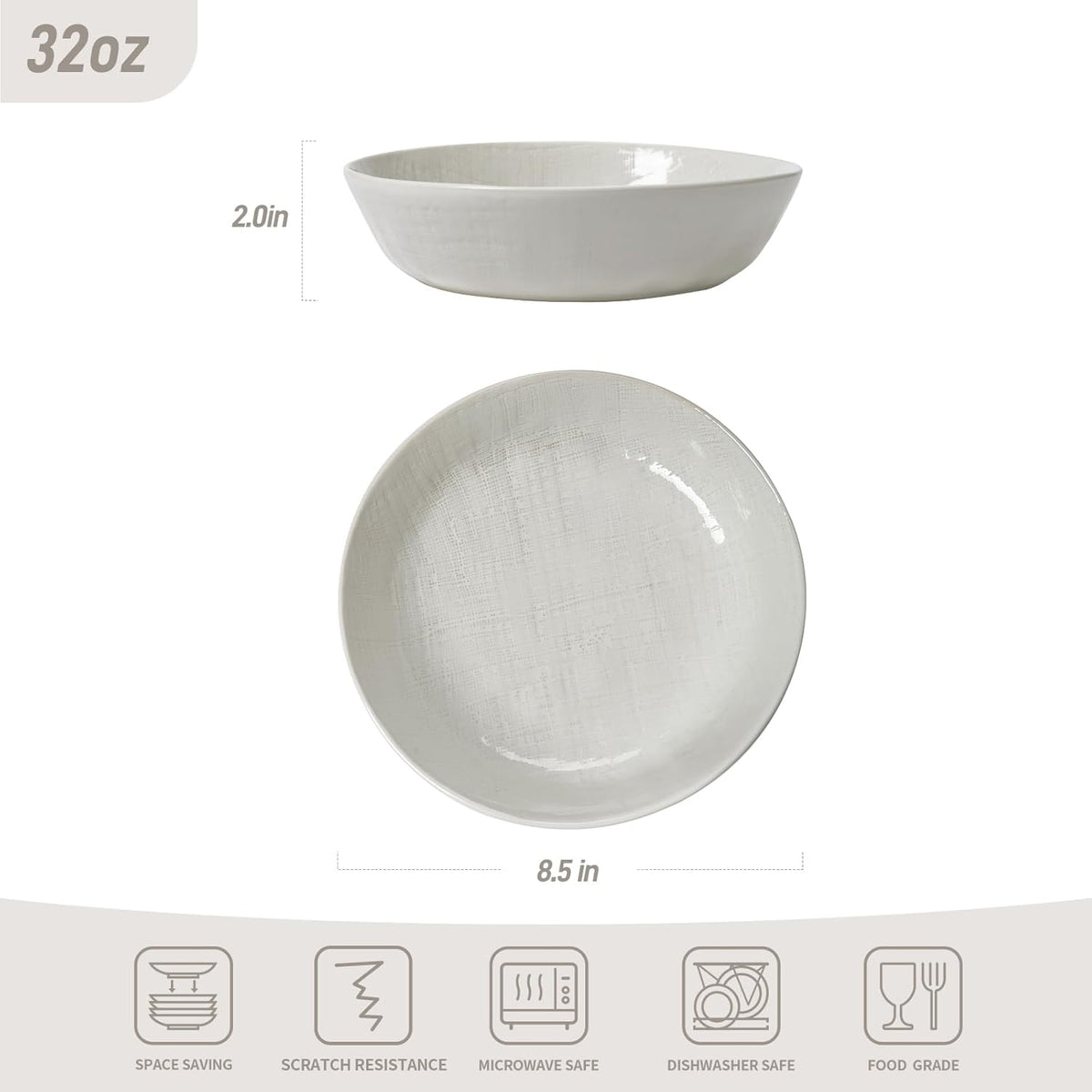 famiware Moonlight 8.5 Inch Pasta Bowls Set of 4, 32oz Serving Bowls for Kitchen, Soup Bowl with Linen Finish, Large Stoneware Bowls for Festivals, Housewarming, Dinnerware, White