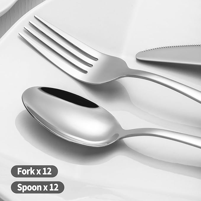 24-piece Forks and Spoons Silverware Set, Amafox Food Grade Stainless Steel Flatware Cutlery Set for Home, Kitchen and Restaurant, Mirror Polished Forks and Spoons Set for 12, Dishwasher Safe