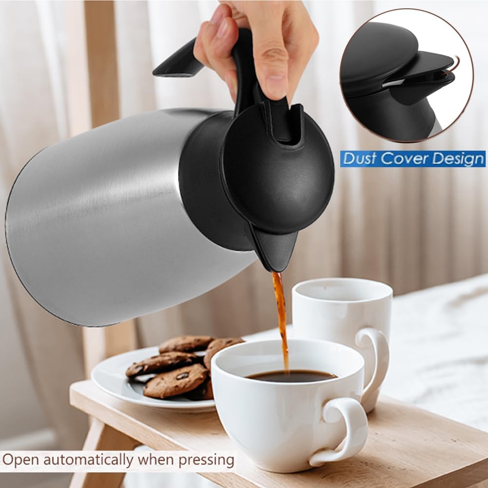 70 Oz Insulated Thermal Coffee Carafe Stainless Steel Double Walled Vacuum Coffee Thermos, Hot Water, Tea, Hot Beverage Dispenser, Keep 24 Hour Heat Retention/12 Hour Cold Retention (Sliver, 2L)