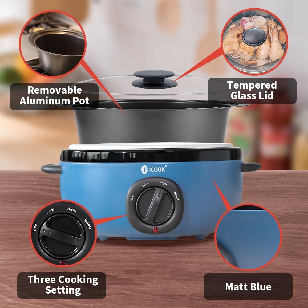 ICOOK USC-35-OP001BL 3.5 Quart Slow Cooker,Aluminium Sear/Sauté Stew Pot Stovetop safe,Dishwasher Safe,Glass Lid,Adjustable Temp,Food Warmer,Blue