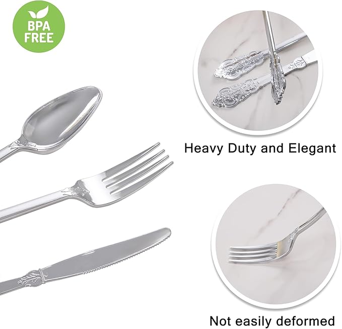WELLIFE 50 Pack Silver Plastic Silverware, Plastic Cutlery Set Include 50 Forks, 50 Knives, 50 Spoons and 50 Pre Rolled Napkins, Disposable Utensils for Party and Wedding