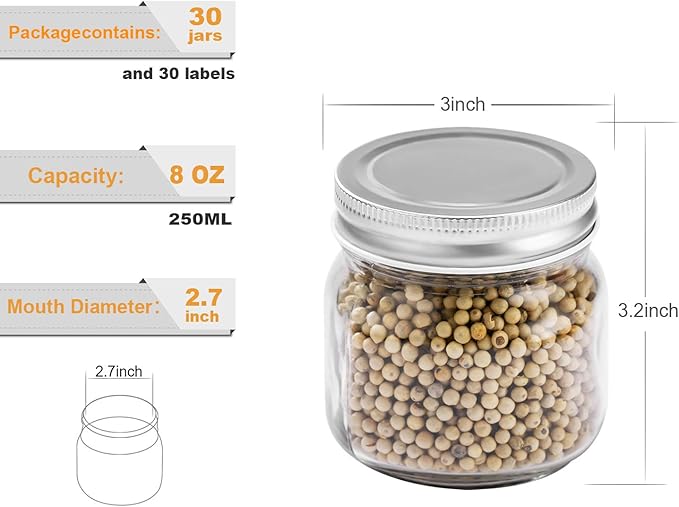 Mason Jars 8 oz 30 Pack- Small Mason Jars With Silver Lids -1/4 Quart Canning Jars| Storage Glass Jars With Lids For Jelly, Jam, Honey, Pickles - Spice Glass Jars - With 30 Chalkboard Labels