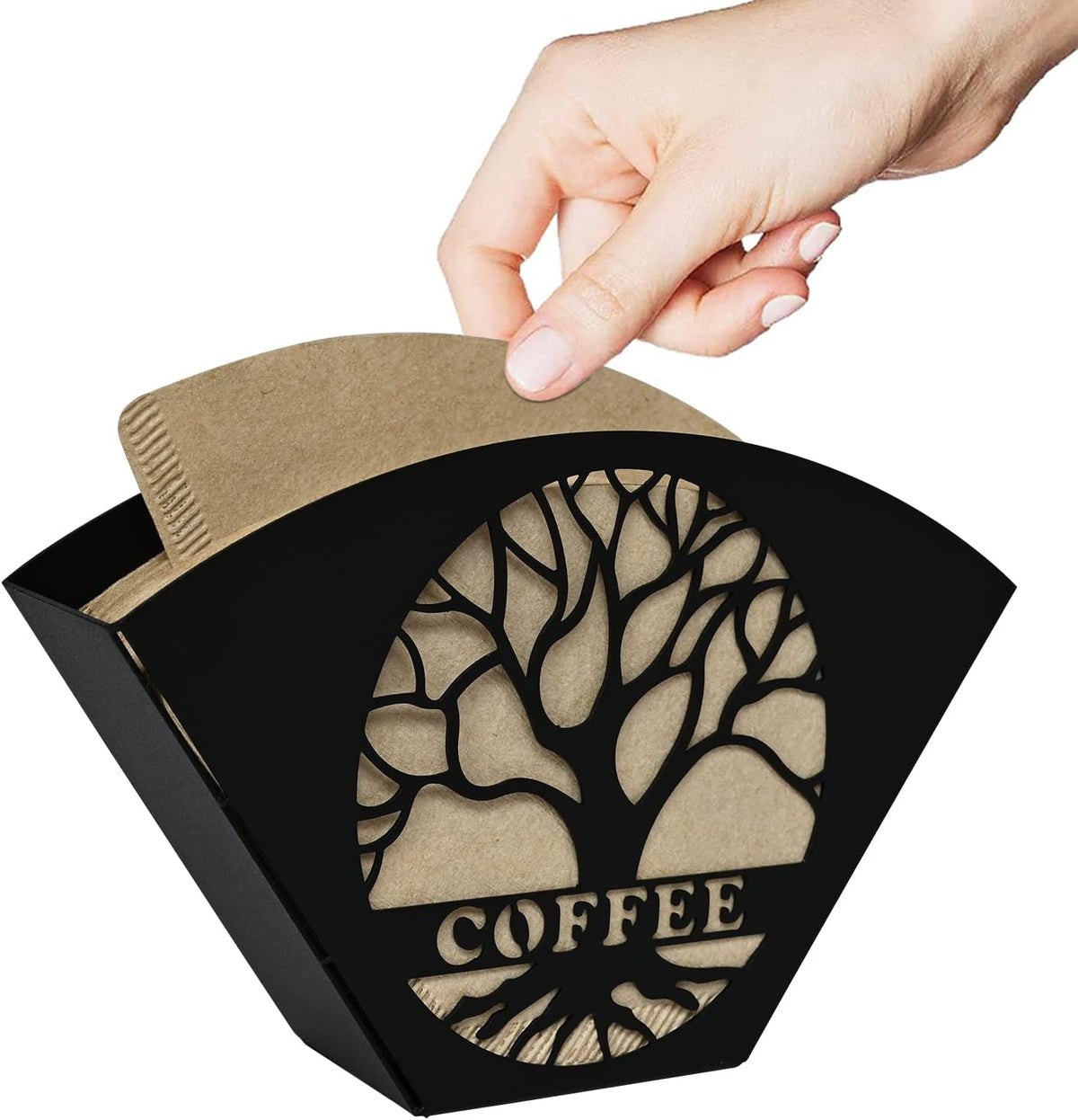 Stylish Coffee Filter Holder with Iron Fan Shape Evenly Spread out Filters, Coffee Filter Rack with Tree of Life Decor Upgrade Your Coffee Enjoyment, Perfect for Home or Office Use (Black)