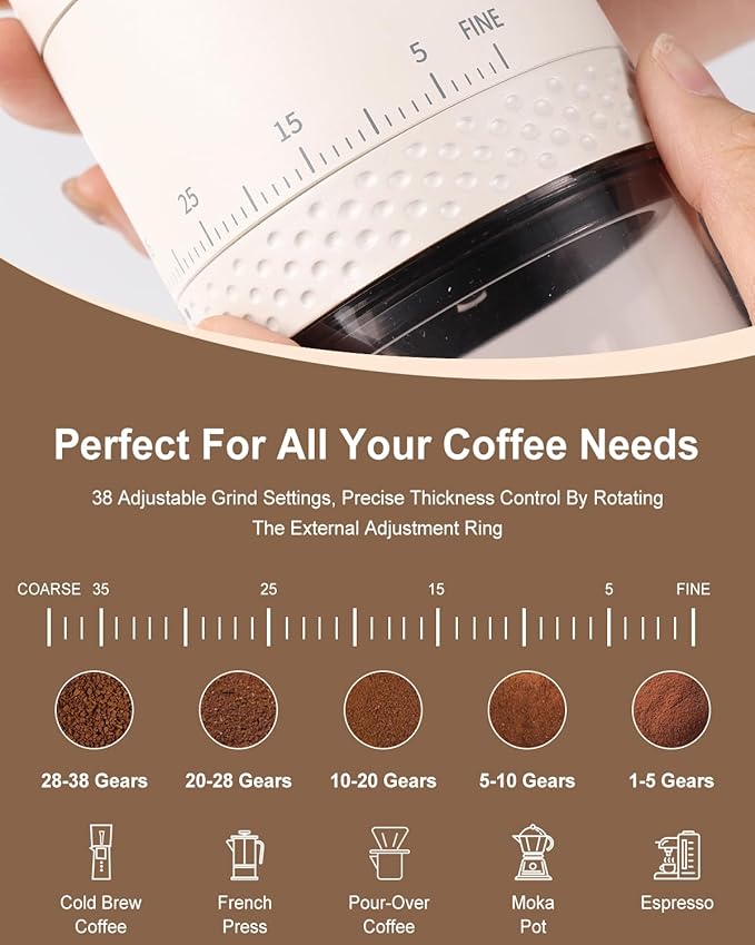 Portable Cordless Burr Coffee Grinder, Electric Conical Bur Espresso Grinder with 38 External Adjustable Grind Settings, Battery Display Panel, Rechargeable Small Coffee Bean Mill For Travel