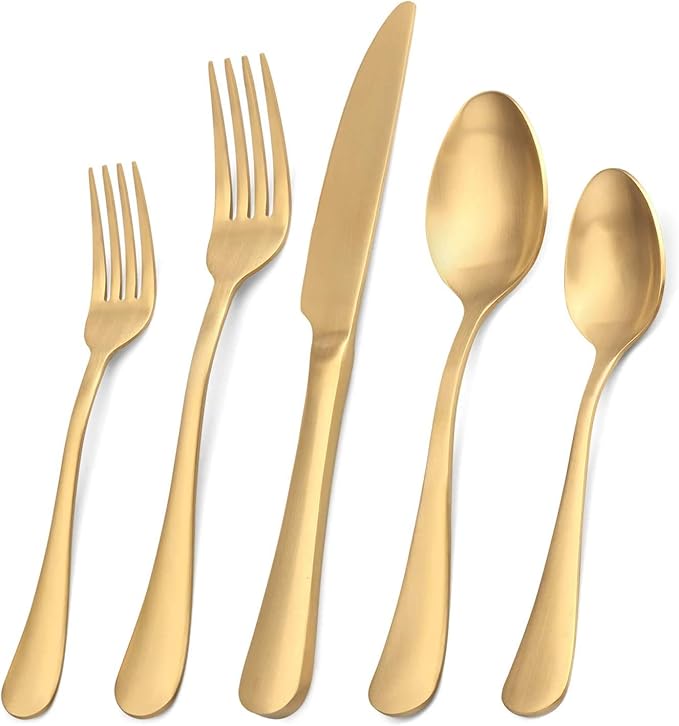 SHARECOOK Satin Finish 40-Piece Stainless Steel Flatware Set, Matte Gold Silverware, Dishwasher Safe