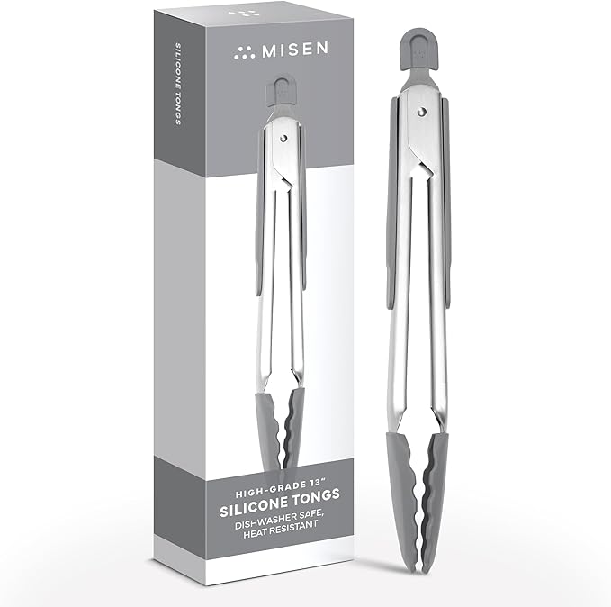 Misen Kitchen Tongs - Dishwasher Safe, Heavy Duty - Precision Silicone-Tipped Grilling Tool - Heat Resistant, Nonstick Safe - Perfect for Serving and Air Frying- 13 Inch | Gray