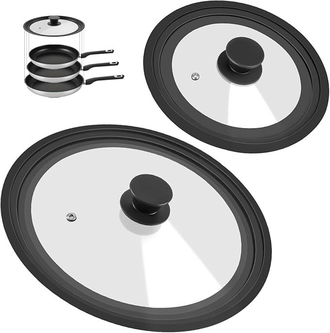Universal Lid for Pots, Pans and Skillets - Tempered Glass Lid with Heat Resistant Silicone Rim Fits fit 7", 8" 9" & 10", 11", 12" Diameter Cookware, Replacement Lid for Frying Pan & Cast Iron Skillet