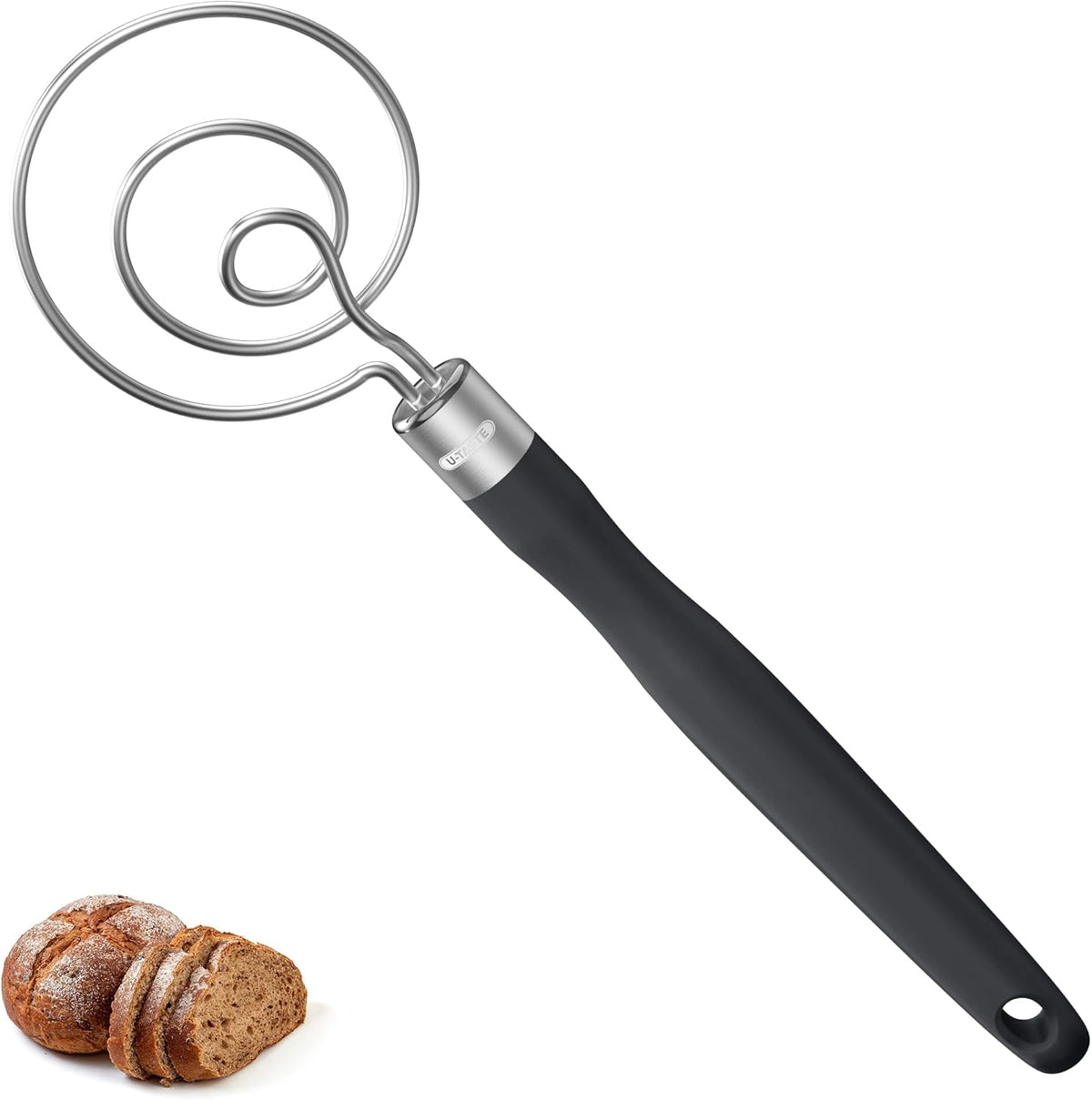 U-Taste 12.6" Danish Dough Whisk: 18/8 Stainless Steel Heavy-Duty Sourdough Mixer Tool, Food Grade Dutch Style Seamless Bread Wisk, Sturdy for Mixing, Stirring, Pressing, Kneading Thick Batter (Black)