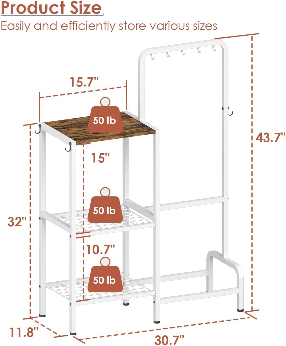 Mocomax 3-Tier Pot and Pan Organizer Rack, Free Standing Cookware Storage Stand, Multifunctional Metal Corner Shelf Holds 50LB, Pan Pot Lid Tower Holder with 8 Hooks for Kitchen Pantry and Home, White