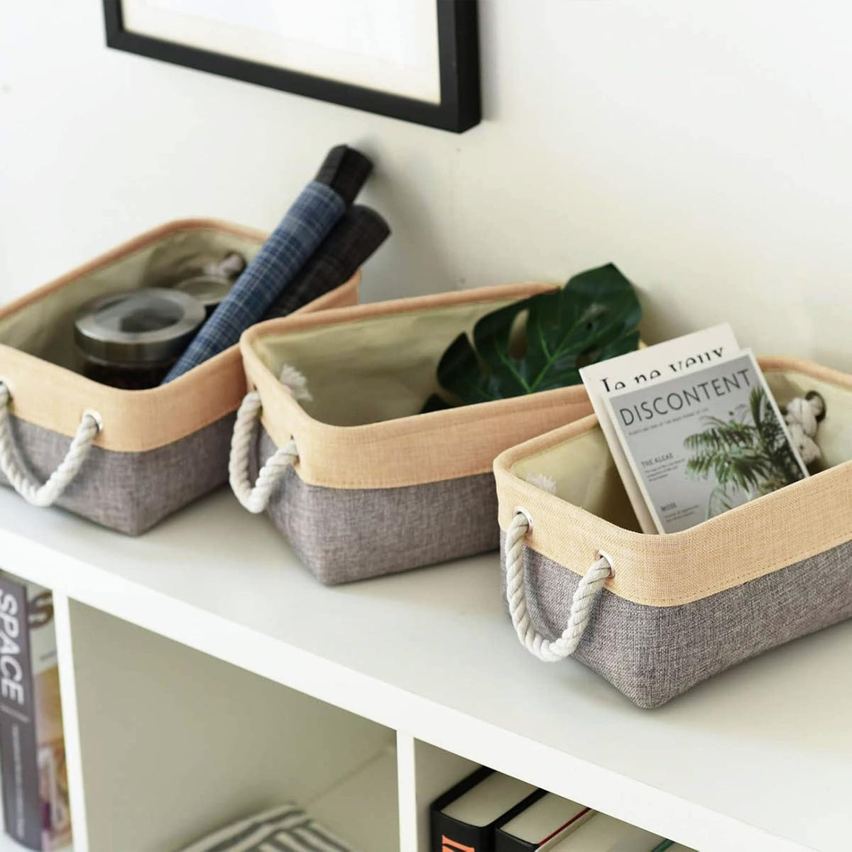 TheWarmHome Storage Bins for Organizing,Sturdy Storage Basket, Decorative Foldable Storage Baskets for Shelves Closet Toy (Gold&Grey Medium - 3 Pack 13.8L×9.8W×6.7H inch)