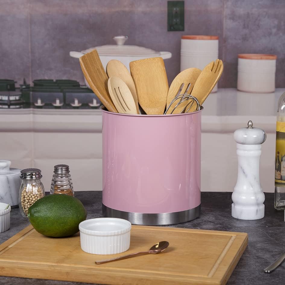 Creative Home Stainless Steel Utensil Holder– 7" Extra Large Cooking Tool Organizer for Kitchen Decor and Countertop Storage, Stable Anti-Tip Design, Durable Powder-Coated Finish, Pink