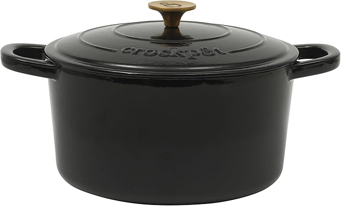 Crock Pot Artisan 7-Quart Round Cast Iron Dutch Oven with Lid – Black Enamel Finish, Gold Knob, Durable Heavy-Duty Cookware for Slow Cooking, Baking, and Roasting
