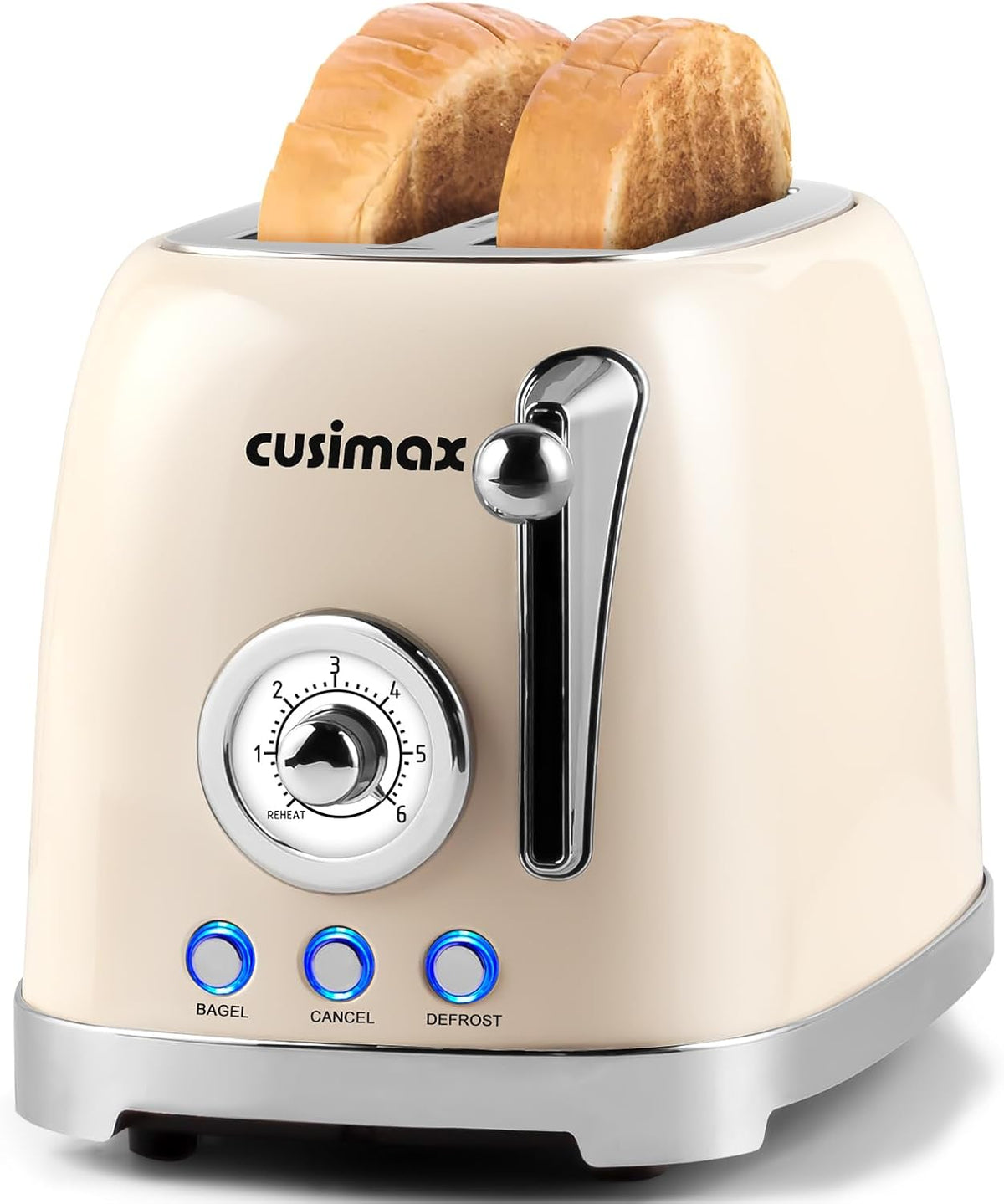CUSIMAX Toaster 2 Slice with Extra Wide Slots for Bagels, Stainless Steel Retro Toaster with 6 Toast Settings and 4 Functions, Bagel, Cancel, Defrost & Reheat, Removable Crumb Tray, Cream