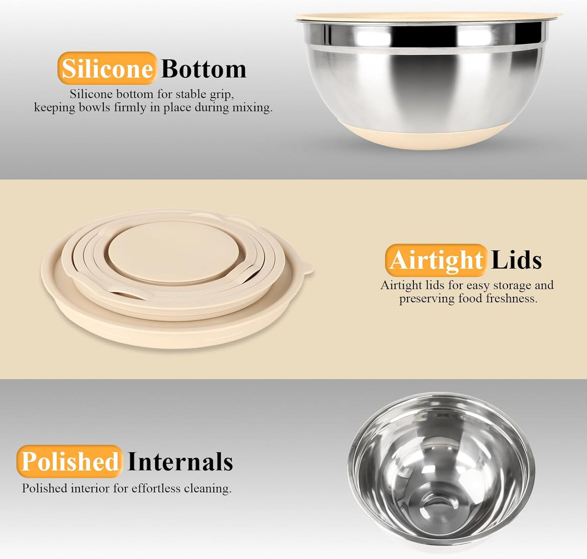 Mixing Bowls with Airtight Lids Set, 20 PCS Kitchen Gadgets Set, 6 Stainless Steel Bowls,3 Grater Attachments,Non-Slip Silicone Bottoms,Great for Serving&Baking,Size 5, 4, 3.5, 2.1, 1.5, 1.1QT (Khaki)